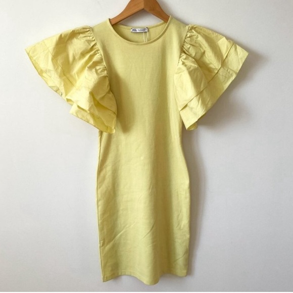 Zara Puff Voluminous Ruffle Poplin Sleeve Bodycon Mini Dress Pastel Yellow Sz M - Picture 13 of 16